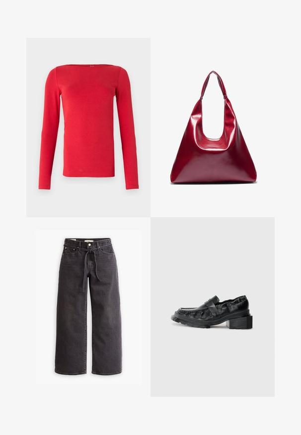 Rdeča dolgoravna majica s kvadratnim izrezom, izdelana iz gladkega materiala. Oblikovana je tesno, z ravnimi rokavi in enotno barvo.; Črne široke jeans hlače iz denima, ki imajo pas z vrvico, pet žepov in kontrastne šive. Oblikovanje spredaj je ravno.; Črne usnjene loferice s strukturirano podplatom, ki imajo nekoliko dvignjen blok peto in teksturirano zgornji del, zavarovane s sprednjim pasom.; Rdeča sijoča usnjena torbica v trikotni obliki, širokim vrhnjim odprtjem in enim ukrivljenim ročajem. Gladka textura z minimalnimi šivi.; Set dvanajstih uhvorov v srebrnih in zlatih odtenkih. Vključuje zvite, gladke in teksturirane modele v različnih velikostih in končnih obdelavah.