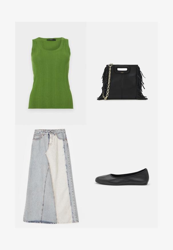 Top verde cu dungi, cu guler rotund și bretele late. Fabricat dintr-un material tricotat texturat. Forma ajustată a corpului accentuează silueta.; Fustă din denim cu un design patchwork, având secțiuni de albastru deschis și mediu, margini desfăcute și talie înaltă. Stil clasic cu cinci buzunare.; Balerini din piele neagră, cu vârf rotund, textură netedă, detalii de cusătură minimale și un design al tălpii flexibil.; Geantă de mână din piele neagră cu detalii din franjuri, curea de umăr din lanț auriu și un mâner cu tăietură. Prezintă plasarea logo-ului pe față.
