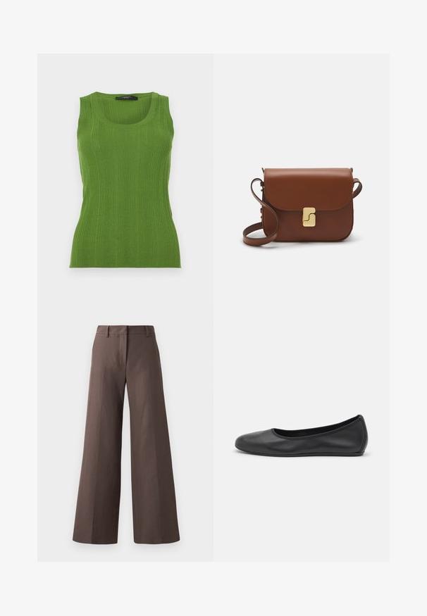 Green ribbed tank top with a round neckline and wide straps. Made from a textured knit material. Fitted body shape enhances silhouette.; Brown wide-leg trousers made from a smooth fabric; features a flat front, belt loops, and vertical seams down the legs.; Black leather ballet flat with a rounded toe, smooth texture, minimal stitching detail, and a flexible sole design.; Brown leather handbag with a flap closure, gold-tone hardware, a shoulder strap, and a smooth texture. Compact rectangular shape.