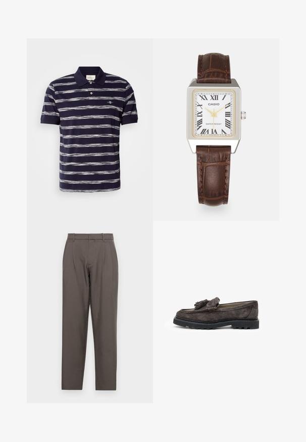 Pikee lyhyillä hihoilla, tummansinisellä värillä ja valkoisilla vaakasuorilla raidoilla, kahden napin napitus, ja brodeerattu logo rinnassa. Puuvillamateriaali.; Jack & Jones JPSTBILL JJDAYTONA WIDE - Housut - pavement; Tummanharmaat mokkanahkakengät, joissa on etuosan tupsuaksentti, litteä kumipohja ja kontrastiväriset ompeluyksityiskohdat reunoilla.; Casio suorakulmainen kello, jossa on valkoinen kasvot, kultaiset yksityiskohdat, roomalaiset numerot ja ruskea krokotiilin nahkainen hihna. Vesitiivis muotoilu.