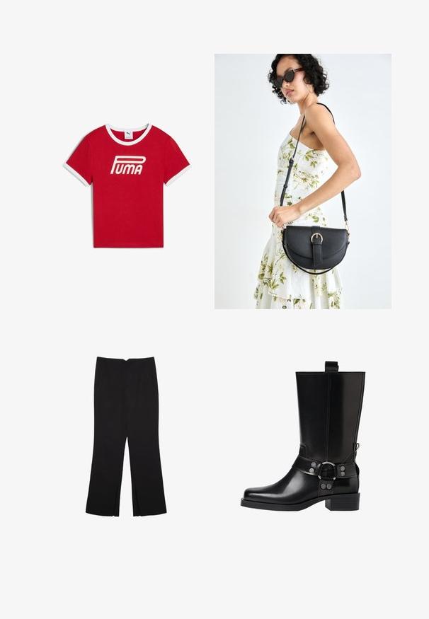 Rotes Baumwoll-T-Shirt mit weißem geripptem Kragen und Saum, das auf der Vorderseite ein auffälliges weißes "PUMA"-Logo zeigt.; Schwarze Hose mit geradem Schnitt, ausgestattet mit Fronttaschen und Seitenschlitzen am Saum. Hergestellt aus weichem, glattem Stoff. Geeignet für verschiedene Anlässe.; Schwarze Lederstiefel bis zum Knie mit spitzer Zehenform, silbernen Schnallenakzenten und einem klobigen Absatz. Verfügt über eine Zuglasche für einfaches Anziehen.; Schwarze Lederhandtasche mit geschwungener Form, abnehmbarem Tragegurt und goldenen Beschlägen. Die Tasche verfügt über einen Deckel mit einer Schnallen-Details.