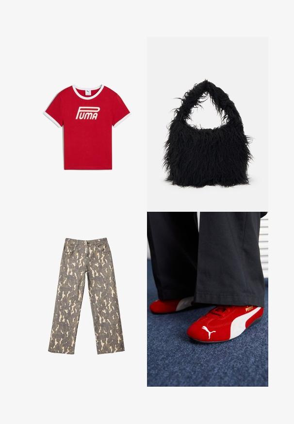 Červené bavlněné tričko s bílým žebrovaným límcem a okraji rukávů, na přední straně s vysoce viditelným bílým logem "PUMA".; Džínsy s širokými nohavicemi v šedém, béžovém a hnědém maskáčovém vzoru, přední kapsy, poutka na pásek a zapínání na knoflík.; Červené semišové tenisky s bílými detaily, mají texturovaný materiál, kulatou špičku a zlaté logo na boku, nošené s černými kalhotami.; Even&Odd Velká kabelka - black