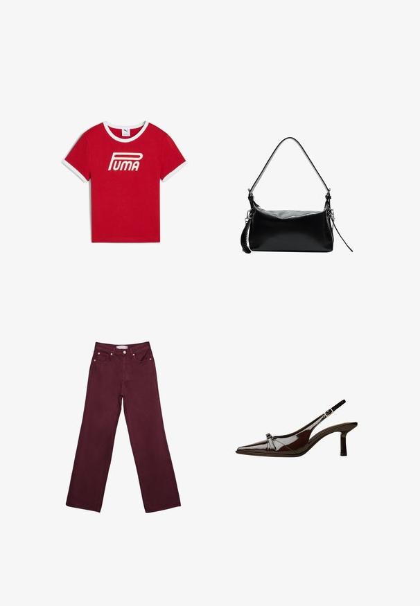 T-shirt en coton rouge avec un col et des bords de manches en côtes blanches, arborant un grand logo blanc "PUMA" sur le devant.; Jean taille haute bordeaux avec coupe droite, dotés de poches avant, d'une fermeture à bouton et d'accents en métal couleur cuivre.; Chaussure slingback en cuir verni marron avec un bout pointu, un petit talon et un accent de nœud décoratif à l'avant. Texture lisse et brillante.; Sac à main en cuir noir avec une bandoulière incurvée, texture lisse, forme rectangulaire, fermeture zippée et accents en métal argenté.