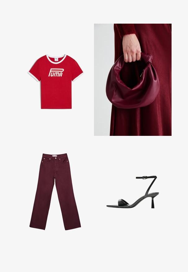 Punainen puuvillapaita, jossa on valkoinen ribbireuna kauluksessa ja hihojen reunoissa, ja joka esittää suurta valkoista "PUMA"-logoa edessä.; Burgundy korkeavyötäröiset farkut suoranlahkeisella designilla, joissa on etutaskut, nappisuljenta ja kuparinvärisiä varusteita.; Bershka Korolliset sandaalit - black; Burgundy-nahkakäsilaukku, jossa on pehmeä, ryppyinen muotoilu ja pyöreä muoto. Kahva on kiinnitetty tukevasti, ja siinä on sileä pinta.