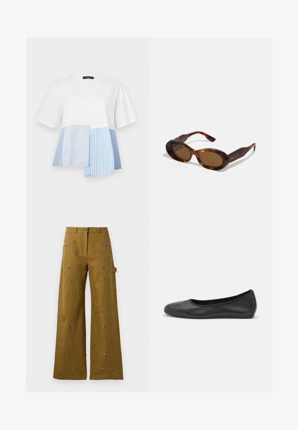 WEEKEND MaxMara BIRD - T-Shirt print - white; Weite Hosen aus olivgrünem Stoff mit floralen Stickereien. Besitzt einen Knopfverschluss und eine Seitentasche. Texturiertes Nähdetail im gesamten Bereich.; Schwarze Leder-Ballettschuhe mit abgerundeter Spitze, glatter Textur, minimalen Nähdetails und einem flexiblen Sohlen-Design.; Schildpatt-Sonnenbrille mit ovalen Gläsern, braunem Farbton und goldenen Akzenten an den Bügeln. Dicke Rahmen mit glänzender Oberfläche und glatter Textur.