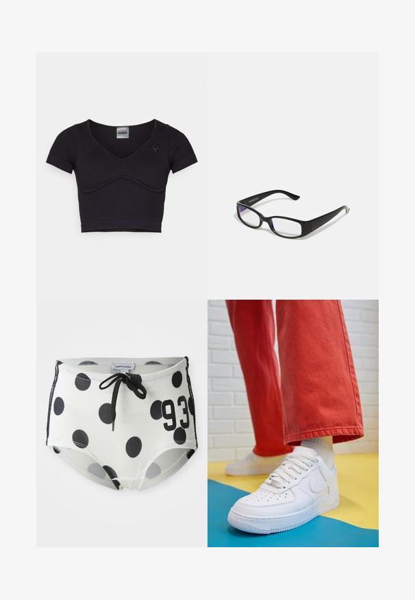 Svart ribbet crop-top med korte ermer, V-hals og buet sømdetalj. Har en liten trekantet logo på venstre skulder.; Svart og hvit prikkete svømmedrakt med snor i midjen, med tallet "93" på forsiden og et glatt, elastisk stoff.; Hvit lær sneakers med perforert tåboks, teksturert såle og hvite snørebånd, paret med vide røde bukser og en blå og gul bakgrunn.; Sorte rektangulære briller med klare linser. Glatt overflate, smale stenger og lilla nyanse synlig på kantene av linsene.