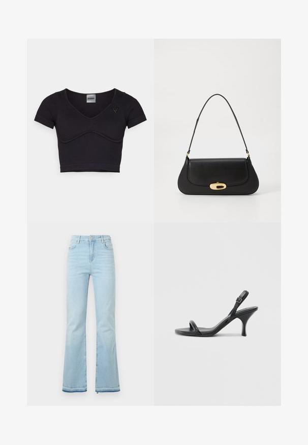Top scurt negru cu nervuri, cu mâneci scurte, decolteu în V și detaliu cu cusătură curbată. Prezintă un mic logo triunghiular pe umărul stâng.; Jeanși evazați de culoare bleu deschis, fabricați din denim, cu talie înaltă, buzunare frontale și margini brutale la mansete pentru un look casual.; Sandale cu toc înalt din piele neagră, cu un toc subțire și curbat și un design cu curea încrucișată. Curea la gleznă ajustabilă. Textură netedă.; Geantă de mână din piele neagră, cu un design curbat, accesorii de culoare aurie și un mâner de sus. Dispune de o închidere elegantă și o textură netedă.