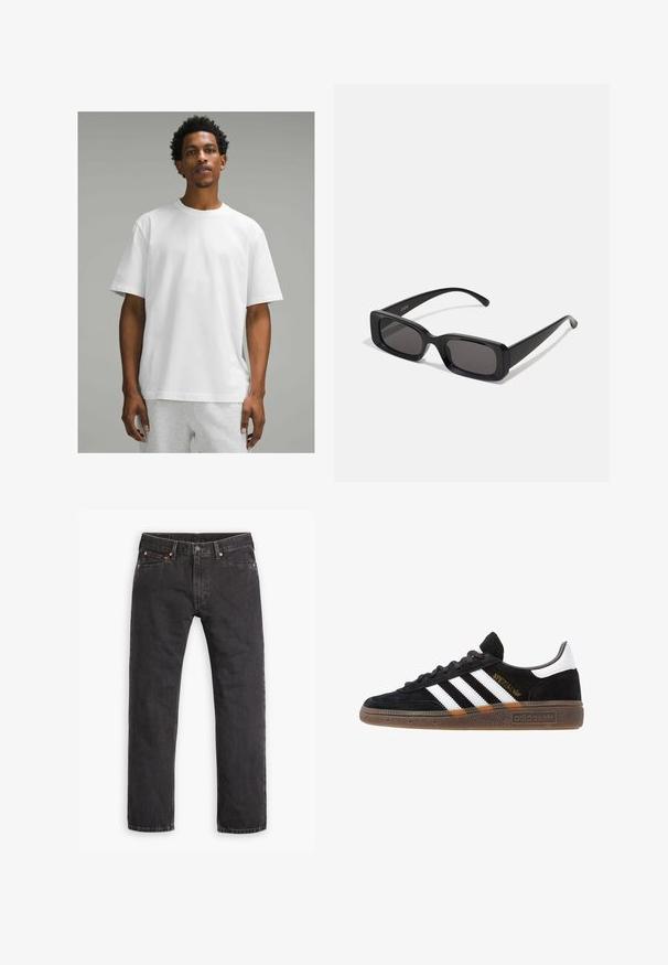 Bílý bavlněný tričko s krátkým rukávem, kulatým výstřihem a volným střihem. Hladká textura, jednobarevný design, bez viditelných vzorů nebo akcentů.; Černé džíny s rovnými nohavicemi, pěti kapsami, zapínáním na knoflík a měděnými nýty, rozložené na bílém pozadí.; Černé tenisky Adidas se bílými pruhy, zlatým textem "Spezial", gumovou podešví a bílou patní částí, zobrazené v bočním pohledu.; Černé obdélníkové sluneční brýle s tmavými skly, lesklým povrchem, širokými ramínky a robustním designem rámu. Vytlačený název značky na jednom ramínku.