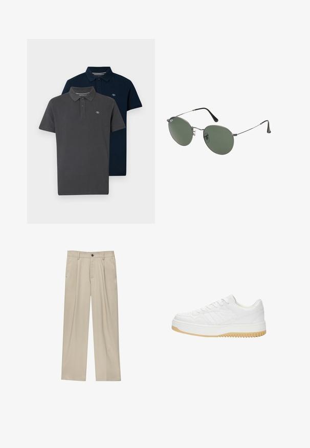 Dve polo tričká v balení: jedno tmavošedé a jedno tmavomodré, obidve vyrobené z hladkej bavlny s klasickým golierom a logom na hrudi.; Béžové nohavice s rovný strihom, s jedným čiernym gombíkom, pútkami na opasok a bočnými vreckami. Hladká textúra látky a minimálny dizajn.; Biele kožené tenisky s textúrovaným povrchom, s gumovou podrážkou, šnurovacími detailami a subtilnými pruhmi na stranách.; Sunglass s metalovým rámom s oválnymi zelenými šošovkami. Tenký strieborný kovový rám a čierne štuple za uši. Minimalistický dizajn, bez viditeľných log.