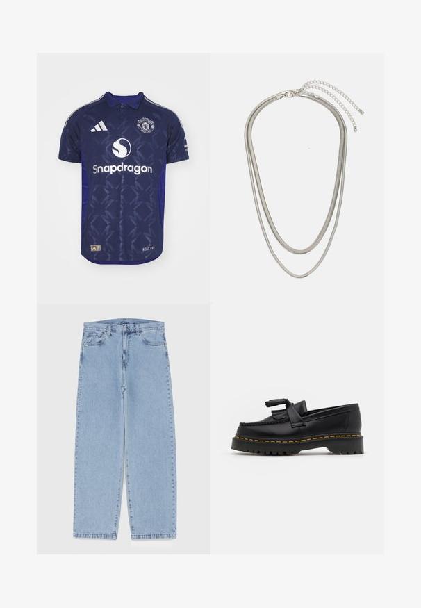 Marineblå fotballdrakt med korte ermer, polo-krage, strukturert design og hvite logoer: "Manchester United" og "Snapdragon."; Lyseblå denimjeans med rett ben-design, med mid-rise liv, fem lommer og knap og lynlås lukning.; Svart skinn loafers med en kvastdetalj, med en tjock svart sula och gul sömnad längs kanten. Texturerad yta.; Tre-lags sølvmetallkjede med elegante, fleksible kjeder med en svak glans, sikret med en krabbe-lås og justerbar kjede.