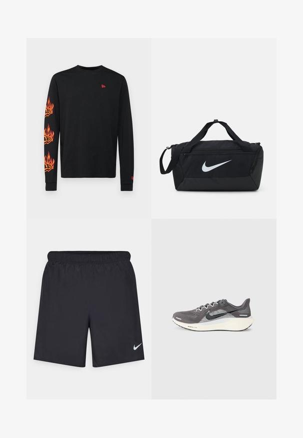 Svart långärmad skjorta med livfulla orangea flamemotiv på ärmarna och en liten röd logga på bröstet. Mjuk bomullsmaterial.; Svarta träningsshorts gjorda av lätt material med elastisk midja. Har en liten vit Nike-logotyp på nedre vänstra sidan.; Grå och vit Nike Air Zoom löparskor med svart swoosh-logotyp och vit sula på en enkel ljus bakgrund.; Svart duffelväska med en stor vit Nike-logotyp, tillverkad av slitstarkt material, med dubbla handtag och en justerbar axelrem.