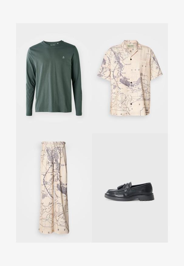 Hosszú ujjú, sötétzöld pamut póló kerek nyakkivágással, finom textúrával és egy kis fehér "M OP" logóval a bal mellen.; Rövid ujjú ing világos bézs anyagból, tengerészkék térképmintával, klasszikus gallérral és elülső zsebbel.; Bőszárú nadrág, tengerészkék térképmintával egy bézs háttéren, redőzött részletekkel a derékrészen és lazább szabással.; Fekete bőr loaferek, lekerekített orral, bojtokkal díszített pánttal és vastag talppal, amelynek a felülete mintázott. Sima textúra és klasszikus dizájn.