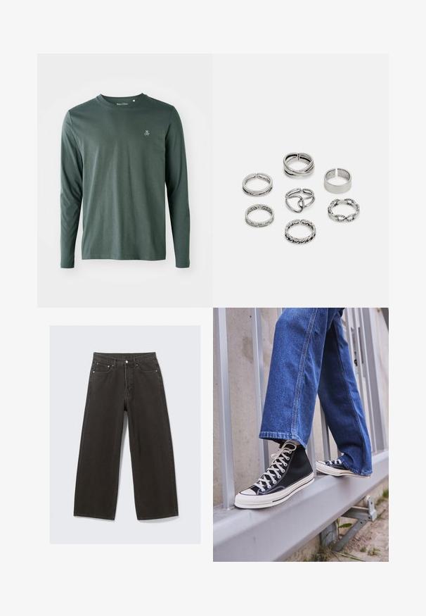 Mörkgrön långärmad skjorta i bomull med rund halsringning, subtil textur och liten vit "M OP"-logotyp på vänster bröst.; Breda ben svarta denimjeans har hög midja, femfickorsdesign och knäppning med knapp. Tyget har en mjuk, texturerad yta.; Svarta högskurna sneakers med vit sula och snören, tillsammans med lösa blå jeans, vilande på ett grått räcke.; Set med sju silverringar med olika mönster, inklusive vridna, länkade och graverade mönster. Olika former och bredder.
