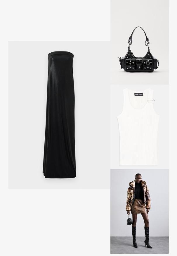 Hvid ribbet tanktop med rund halsudskæring og metalaccentdetalje på skuldrene. Blød tekstur, tætsiddende design og ærmeløs stil.; Sort stropløs maxikjole lavet af glat, skinnende stof. Har en tætsiddende bodice og en svungende silhuet, der når gulvet uden udsmykninger.; Pufferjakke med et brunt og sort mønster, parret med en brun slangeskinds mini nederdel, sorte støvler op til knæet og en lille sort taske.; Sort læderhåndtaske med et buet design, prydet med sølvfarvede nitter, en spænde og to sidelommer. Justerbar rem til forskellige bære muligheder.