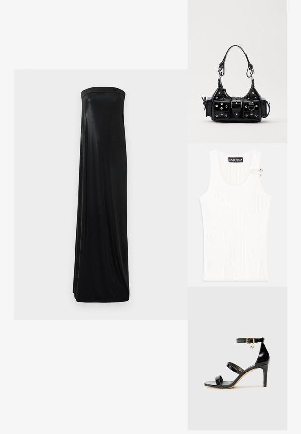 Valge ribaga tank top ümmarguse kaelusega ja metallist aksessuaari detailiga õlal. Pehme tekstuur, istuv disain ja ilma varrukateta stiil.; Must have rihmatu maksi kleit, mis on valmistatud siledast, läikivast kangast. Omab õhulist bodi ja voogavat siluetti, ulatudes põrandani ilma kaunistusteta.; Must musta nahk sandaal kolme rihmaga, pahkluu vööga ja 4-tollise stilettakontsaga. Omab kuldset detaili ja logovõtit.; Must värvi nahast käekott, millel on kaarjas disain, hõbedased nupukesed, kinnitusahe ja kaks külgtaskut. Reguleeritav rihm erinevate kandmisvõimaluste jaoks.