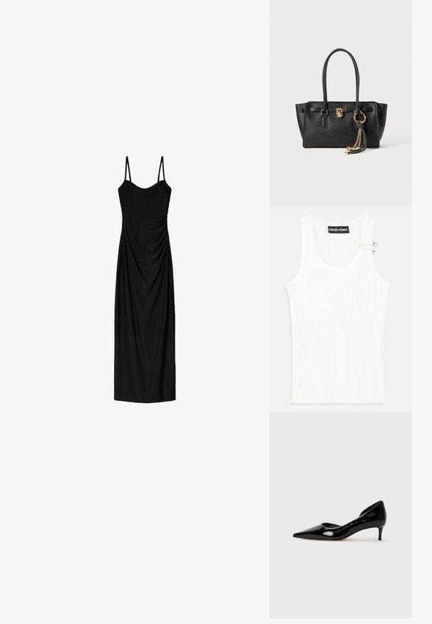 Biely rebrovaný top s okrúhlym výstrihom a kovovým detailom na ramene. Mäkká textúra, priliehavý strih a bezrukávový štýl.; Čierne midi šaty s tenkými nastaviteľnými ramienkami, s prekrývajúcim sa dizajnom a hladkou textúrou. Žiadne viditeľné vzory ani zdobenie.; Čierne lakované dámske topánky s ostrou špičkou a nízkym podpätkom, zobrazené v profile na jednoduchom svetlosivom pozadí.; Čierna kožená kabelka s dvojitými uchami, zlatým zámkom a reťazovým detailom, a čierno-bielym strapcom na bielom pozadí.