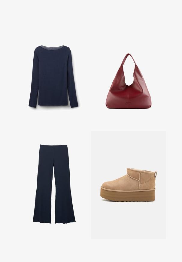Langsleeve marineblauw T-shirt gemaakt van zachte stof, met een ronde halslijn en een ontspannen pasvorm. De zoom en mouwranden zijn netjes afgewerkt.; Marineblauwe wijde broek van textuurstof met een hoge tailleband en een uitlopende zoom, met een soepele, vloeiende silhoeet.; Beige suède enkellaarsjes met een pluche binnenvoering, voorzien van een plateauzool en een trekhaak aan de achterkant voor gemakkelijk aantrekken. Gemêleerde rubberen zool.; Rode leren hobo tas met een brede, slungelige vorm en een grote opening, met een subtiele textuur en een op de voorkant geperst logo.