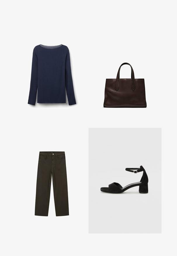 Granatowa bluzka z długim rękawem wykonana z miękkiego materiału, z okrągłym dekoltem i luźnym krojem. Rękawy i dół bluzki są starannie wykończone.; Ciemnozielone spodnie dżinsowe typu wide-leg wykonane z mieszanki bawełny, z zamkiem na guzik z przodu, pięcioma kieszeniami i klasycznym przeszyciem dżinsowym.; Czarne zamszowe sandały na obcasie z cienkim paskiem wokół kostki, otwartym noskiem i skromnym słupkowym obcasem. Gładka faktura i minimalne akcenty.; Brązowa skórzana torba tote z dwoma wydłużonymi uchwytami, usztywnionym prostokątnym kształtem, gładką teksturą i subtelnymi detalami przeszycia.