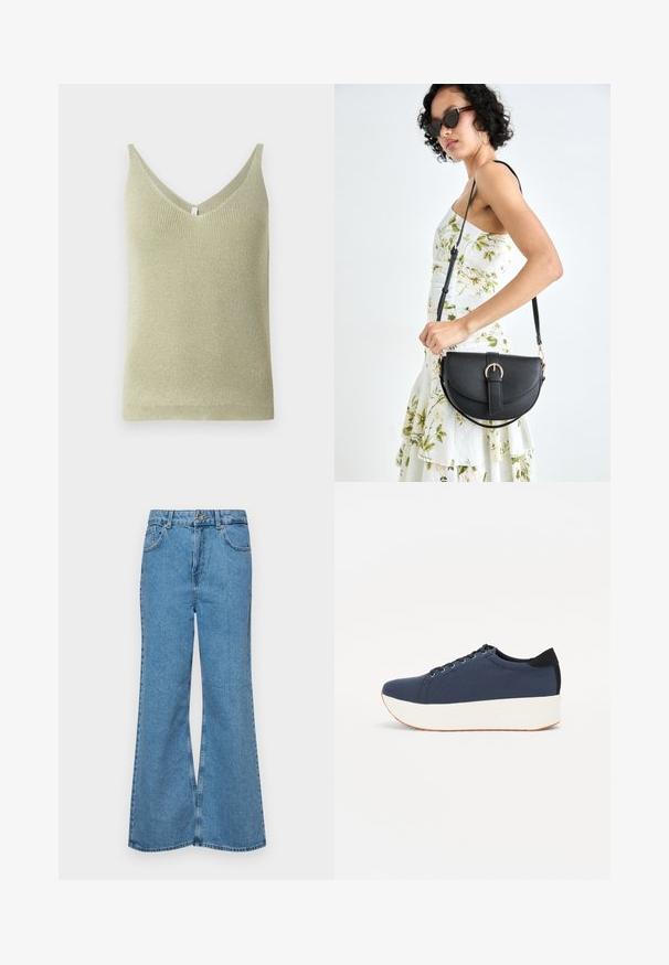 Top de punto verde claro con escote en V y textura de canalé sutil. Diseño sin mangas, dobladillo recto y sin hardware visible.; Jeans acampanados de color azul claro hechos de denim, con una cintura alta, cinco bolsillos y un cierre de botón. Textura suave con acabado desgastado.; Zapatilla de color azul marino con parte superior de tejido texturizado, suela de plataforma blanca, punta redondeada y acento en el talón negro. Cuenta con seis ojales para los cordones.; Bolso de piel negra con forma curva, correa desmontable y herrajes dorados. El bolso cuenta con una solapa con un detalle de hebilla.