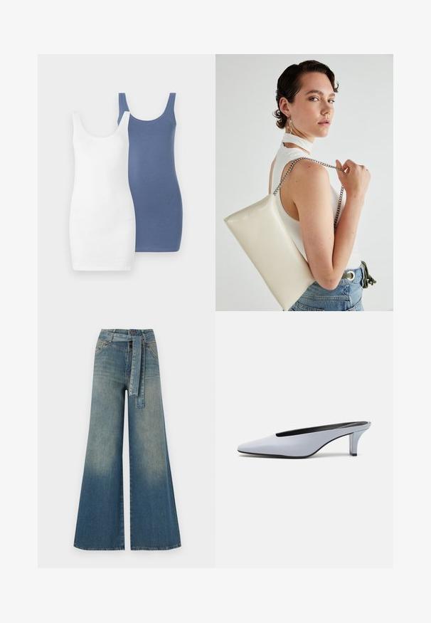 Two tank dresses, one white and one blue, made from soft, stretchy fabric with a scoop neckline and fitted shape.; Wide-leg denim trousers featuring a light to dark blue gradient, high waist, belt loops, and a matching fabric belt. Textured denim finish.; Light blue patent leather mule with a pointed toe, low transparent heel, and a sleek design featuring a cut-out at the vamp.; White rectangular clutch bag made of glossy material, featuring a silver chain strap. Model poses, showcasing the bag against a plain background.