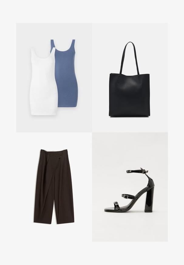 Două rochii tip tank, una albă și una albastră, realizate dintr-un material moale și elastic, cu decolteu rotund și formă ajustată.; Pantaloni largi de culoare maron închis, cu talie înaltă, având închiere cu un singur nasture și un față pliată. Confectionați dintr-un material ușor.; Sandale negre din piele lacuită, cu toc înalt, două curele cu catarame, vârf pătrat și toc gros, având o textură netedă și lucioasă.; Geantă tote neagră din piele, cu textură netedă, formă rectangulară și două mânere lungi. Fără hardware vizibil sau ornamente.