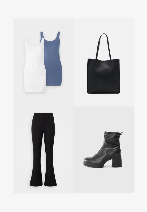 Két atléta ruha, az egyik fehér, a másik kék, puha, rugalmas anyagból, kör alakú nyakkivágással és vonzó, testhez simuló fazonnal.; Fekete harangszárú nadrág rugalmas anyagból, sima felülettel, magas derékkal, és varrásdíszítéssel az elején.; Fekete bokacsizmák sima bőrből, oldalsó cipzárral, vastag, texturált sarkú és lekerekített orrú dizájnnal.; Fekete bőrtáska sima felszínnel, téglalap alakú, két hosszú füllel. Nincs látható fémkiegészítő vagy díszítés.