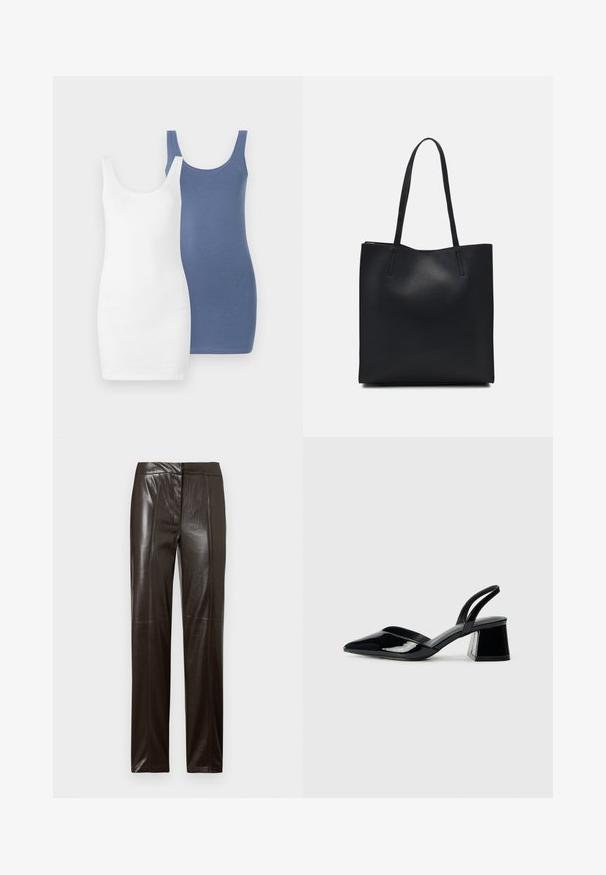 Två tankklänningar, en vit och en blå, tillverkade av mjukt och elastiskt tyg med rundad halsringning och figursydd passform.; Mörkbruna raka läderbyxor med en slät yta och subtila sömnadsdetaljer längs framsidan.; Svarta lackläder slingback klackar med spetsig tå och geometrisk klack. Har en elegant, minimalistisk design och slät yta.; Svart lädertoffelväska med slät textur, rektangulär form och två långa handtag. Ingen synlig hårdvara eller dekorationer.