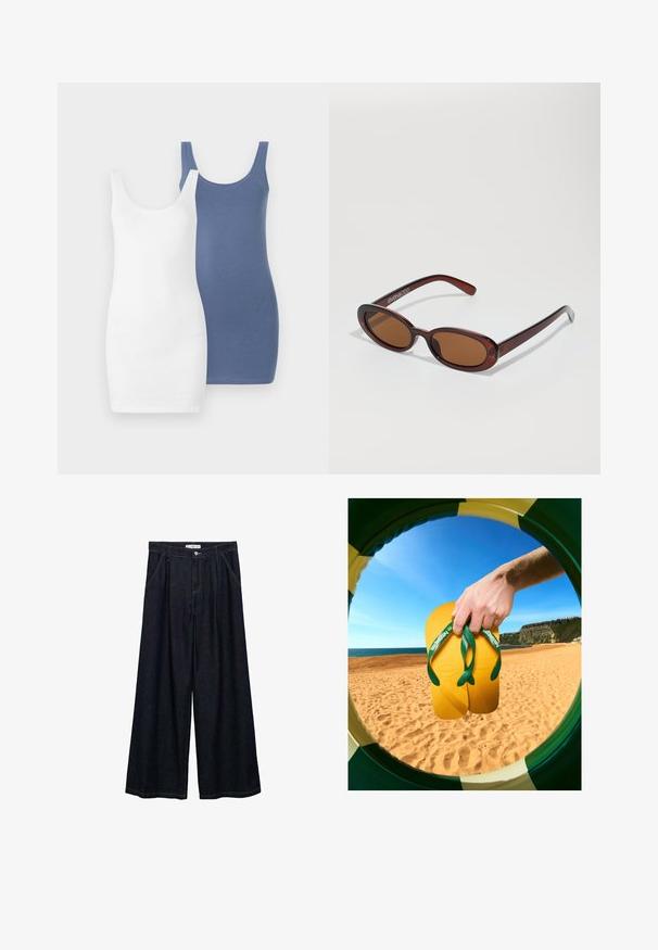 Twee tankjurken, één wit en één blauw, gemaakt van zachte, rekbare stof met een ronde hals en een aangesloten vorm.; Donkerdenim wijde-broek met een hoge taille, voorzien van een sluiting met knoop aan de voorkant, twee zijzakken en stikdetails.; Geel flip-flops met groene straps en textuurzolen worden vastgehouden door een hand, bekeken door een cirkelvormig frame tegen een achtergrond van het strand.; Ronde, bruin getinte zonnebril met een glanzend bordeauxrood frame. Slanke pootjes met subtiele merkdetails. Vlakke lensontwerp.; Bruine geweven leren handtas met een slonzig, driehoekig model. Voorzien van een gevlochten handvat en een ritssluiting aan de bovenkant.