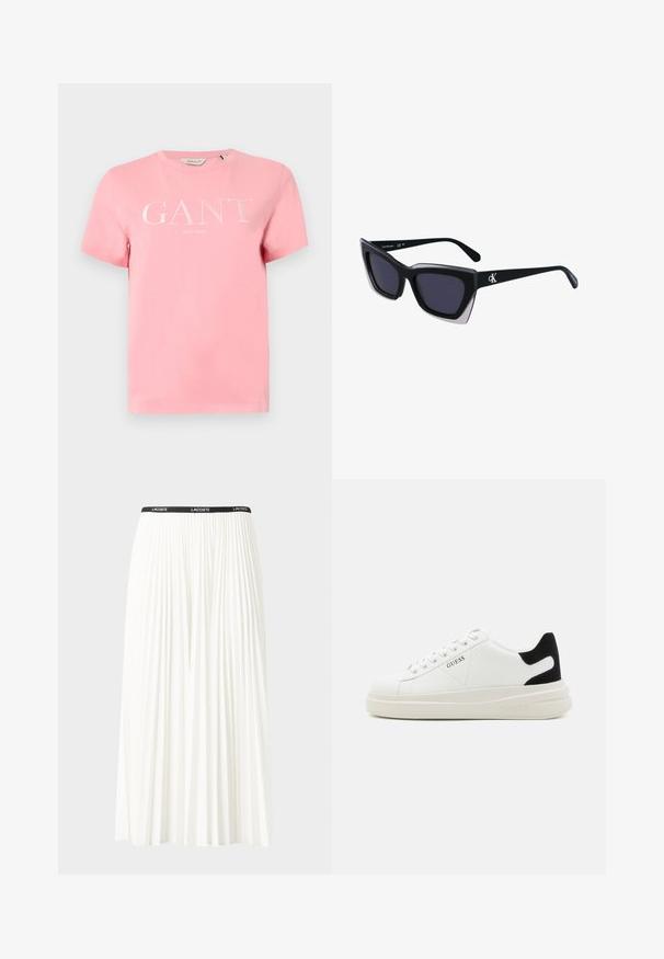 Soft pink cotton t-shirt featuring a crew neckline and short sleeves, with "GANT" and "NEW HAVEN" printed in white across the front.; Pleated white skirt with a black elastic waistband featuring the "LACOSTE" logo. Mid-length design with soft texture.; White leather sneakers with a thick white sole, black suede heel accent, and embossed logo on the side. Laced design with six eyelets.; Black oversized sunglasses with a geometric shape, featuring dark lenses and a contrasting grey detail on the frame. Logo on the arm.
