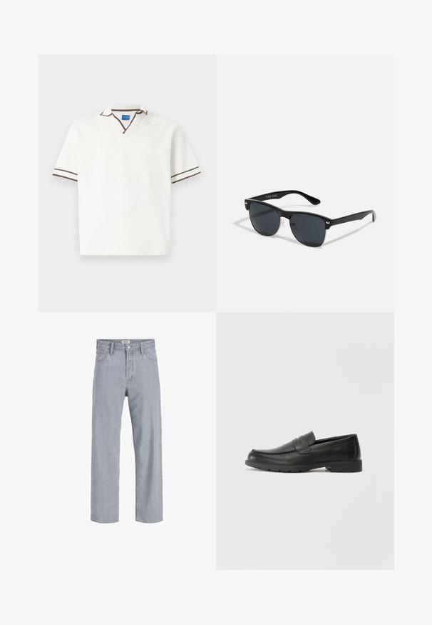 Valge lühikeste varrukatega polo särk V-kaelusega, millel on pruunid aktsentribad krael ja varrukatel. Valmistatud pehmest, tekstureeritud materjalist.; Heledad sinine teksapüksid, millel on mugav lõige, sirged sääred, nähtavad õmblused, kaks eesmist taskut ja nööbkinnisega sulgemine.; Musthave nahkkingad siledast nahast, mokassiini stiilis ülevalt, tikanditega ja kummist tallaga. Klassikaline disain madala kontsaga.; Mustad mustmikrooni kujuga mustad prillid, tumedate klaasidega, hõbedased detailid templite juures ja mati viimistlusega raam.