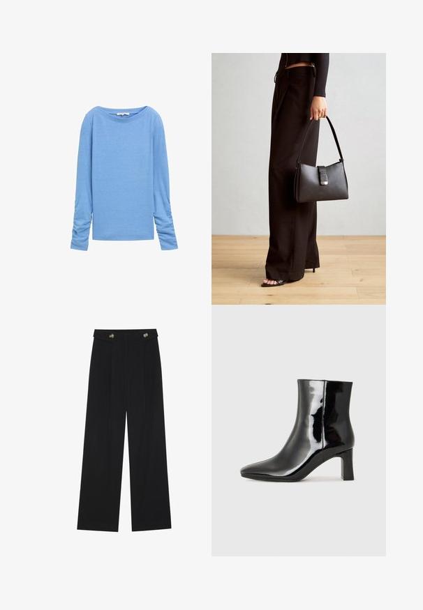 Ilgam rankovėm, šviesiai mėlynas marškinis, pagamintas iš minkštos medžiagos. Yra plati apykaklė ir raukšlės rankovėse, suteikiančios laisvą siluetą.; Juodi plačios kojos kelnės su aukštu liemeniu, sagų detalėmis ant liemens ir priekinėmis raukšlėmis.; Juodos lakuotos odinės aulinukės su smailiu pirštu ir vidutinio aukščio blokuotu kulnu. Lygus paviršius ir minimalistinis dizainas.; Juodas rankinė struktūrizuota forma, lygi tekstūra ir metalinis užsegimas. Suporuota su plačiomis juodomis kelnėmis ir atvirais bateliais ant medinių grindų.