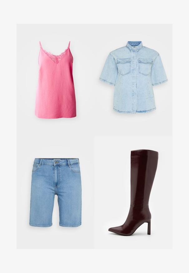 Rosa ärmlös topp med V-halsringning, utrustad med spetsdetaljer vid halsringen, tillverkad av texturerad tyg med en avslappnad passform.; Ljusblå denimskjorta med korta ärmar, med två framfickor och dekorerad med små silvernitar över hela plagget.; Ljusblå denimshorts med klassisk skärning, med en framknäppning, bälteshällor och två sidofickor. Slät textur och rak fåll.; Even&Odd Stövel - dark red