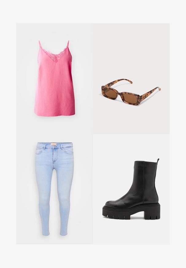 Roza brezrokavnik s V-izrezom, okrašen z čipkastim robom na izrezu, izdelan iz teksturiranega blaga z sproščenim prileganjem.; Svjetloplave uske traperice. Imaju prednje džepove i zatvaranje na patentni zatvarač s gumbom. Glatka tekstura i suženi dizajn nogavica.; Črne usnjene gležnjarje s mogočno platformo, ki imajo gladko zunanjost in zanko na zadnji strani za lažje obuvanje.; Želve sunčane naočale s pravokutnim smešnim lećama, debelim okvirom i tankim ručkama s uzorkom različitih nijansi smeđe boje.; Srebrni obroči za ušesa z gladko, polirano površino. Okrogla oblika in varna zaponka s klikom. Lahka zasnova, primerna za vsakodnevno nošenje.