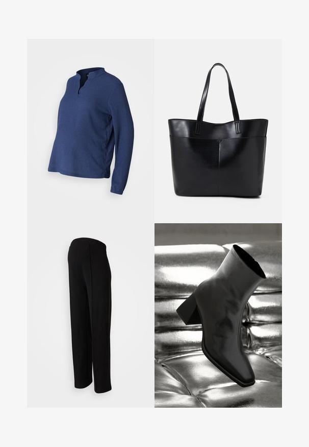 Modrá dlhá rukávová blúzka s henley výstrihom, vyrobená z texturovanej látky. Má voľný strih a bočné rozparky pre pohodlie a voľnosť pohybu.; Čierne nohavice s vysokým pásom a rovnom strihom, s hladkou textúrou a bez viditeľných zapínaní, zvýraznené detailmi pozdĺž bočných švov.; Čierne členkové topánky vyrobené z lesklého materiálu so štvorcovou špičkou a zúženým podpätkom, na lesklom striebornom podklade s vystuženým vzorom.; Čierna kožená tote taška s dvoma dlhými rúčkami, hladkým povrchom a štruktúrovaným tvarom. Obsahuje prednú kapsu pre dodatočné uskladnenie.; Strieborné kruhové náušnice s hladkým a lesklým povrchom. Okrúhly tvar, ľahký dizajn, s uzáverom na kolík.