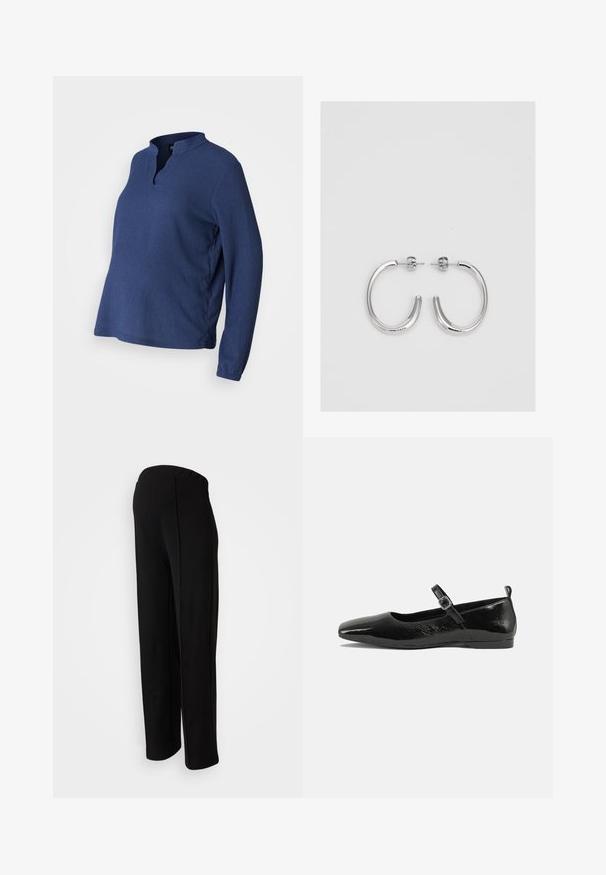 Blaues Langarmshirt mit Henley-Ausschnitt, aus strukturiertem Stoff. Hat einen lockeren Schnitt und seitliche Schlitze für Komfort und Bewegungsfreiheit.; Schwarze, hoch taillierte Hosen mit geradem Schnitt, die eine glatte Textur und keine sichtbaren Verschlüsse aufweisen, unterstrichen durch seitliche Nähte.; Schwarze Lackleder-Ballerina mit spitzem Zeh, einem Knöchelriemen mit Schnalle und einer glatten, glänzenden Oberfläche. Flacher Absatz für Komfort.; Silberne Creolen mit einer glatten, glänzenden Oberfläche. Abgerundete Form, leichtes Design, mit einer Steckverschluss.