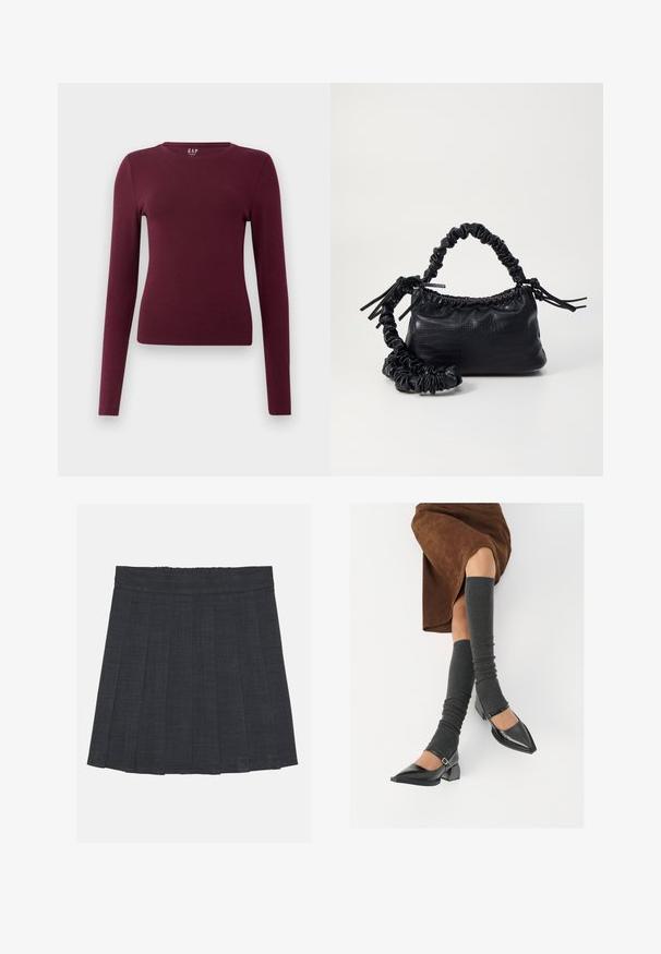 Maglietta attillata a maniche lunghe di colore burgundy con scollo a giro semplice, senza motivi o loghi visibili, mostrata su uno sfondo bianco semplice.; Gonna a pieghe grigio scuro con vita elastica, caratterizzata da un tessuto testurizzato e da una classica silhouette a trapezio. Adatta per un abbigliamento casual.; Scarpe nere in pelle verniciata con punta affilata, tacco a blocco e cinturino alla caviglia, abbinate a scaldamuscoli grigi a coste e una gonna in suede marrone.; Borsa a tracolla in ecopelle nera con texture a coccodrillo, apertura cinchata e tracolla arricciata. Si presenta con un design morbido e compatto.
