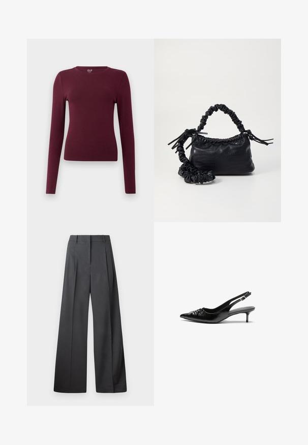 Langsleeve, bordeauxkleurig, getailleerd crew neck shirt met een eenvoudig ontwerp en zonder zichtbare patronen of logo's, weergegeven tegen een plain witte achtergrond.; Wijde broek in donkergrijze stof, met een hoge taille, enkele plooien en een gladde textuur met een nette afwerking aan de zoom.; Zwarte leren slingback hakken met een spitse neus, kleine kittenhak en een decoratieve knoopdetail aan de voorkant. Smooth textuur overal.; Zwarte nepleer handtas met een krokodillenstructuur, opgedroogde bovenkant en een gekreukte hengsel. Het lijkt zacht en compact van ontwerp.