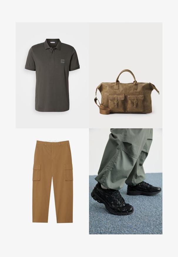 Sötétzöld pólóing, pamutból készült, bordás gallérral, három gombos záródással és díszítő logóval a mellrészen.; Barna cargo nadrág, két oldalsó zsebbel, sima elülső résszel és egyenes szabással. Tartós anyagból készült, sima textúrával.; Fekete sportcipők fényes és hálós textúrával, vastag talppal és fűzővel, laza olívazöld cargo nadrággal párosítva.; Barna bőr utazótáska, két elülső zsebbe, állítható vállpánttal, arany színű részletekkel és masszív felső fogantyúkkal. Sima felület.