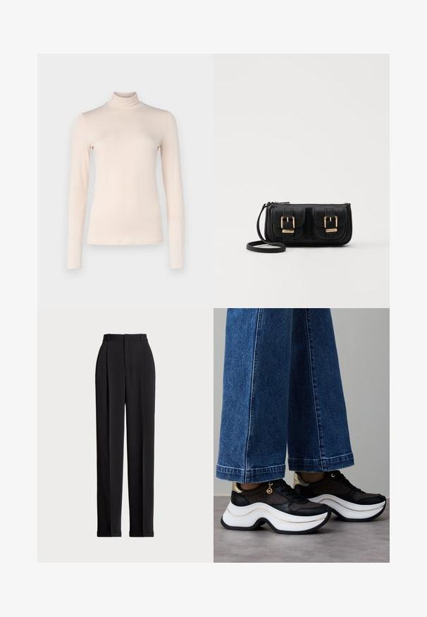 Weekend Max Mara MULTIF - T-shirt à manches longues - latte; Pantalons noirs ajustés à taille haute, dotés de plis à l'avant, d'une coupe droite et d'un ourlet à revers. Fabriqués en tissu lisse.; Baskets noires et dorées avec une semelle blanche incurvée. Tissu texturé avec des accents de logo. Associées à un pantalon en denim bleu large.; Sac en cuir noir porté en travers avec deux poches avant, boucles dorées, fermeture zippée et une sangle fine. Surface texturée et forme rectangulaire compacte.