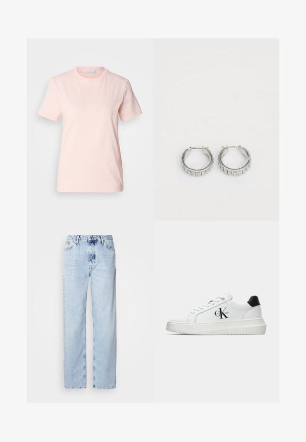 Šviesiai rožinė medvilninė marškinėliai su apvaliu kaklu. Turi trumpas rankoves ir mažą išsiuvinėtą „ck“ logotipą krūtinėje. Lygi tekstūra.; Šviesiai mėlynos plačios kelnės, pagamintos iš džinsinio audinio, su aukšta juosmens linija, išblukusiu plovimu ir subtiliu tinių dažymu priekyje.; Balti žemakulniai bateliai su juodu kulno dangteliu, platformos padu, raišteliais ir Calvin Klein "CK" logotipu šone.; Sidabrinės auskarų žiedai su tekstūruotu dizainu, turinčiu vertikalias briaunas. Apskritimo forma su saugiu užraktu. Lygi apdaila.