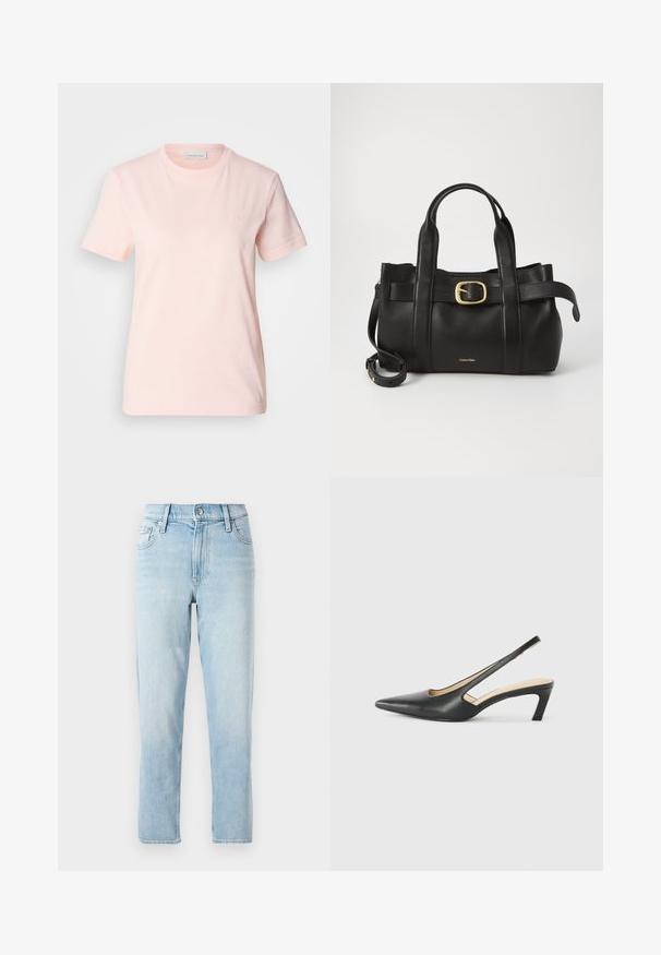 Lys rosa bomull t-skjorte med rund hals. Har korte ermer og en liten "ck" logo brodert på brystet. Glatt tekstur.; Lyseblå denimjeans, rett ben-design, midjehøyde, med fem lommer og en knappelukking foran.; Svart spiss tå slingback-sko med lav hæl, laget av jevnt skinnmateriale og med utskåret design på siden for pusteevne.; Svart lærveske med en strukturert design, doble topphåndtak, gullfarget spenneakent og preget merke-logo foran.