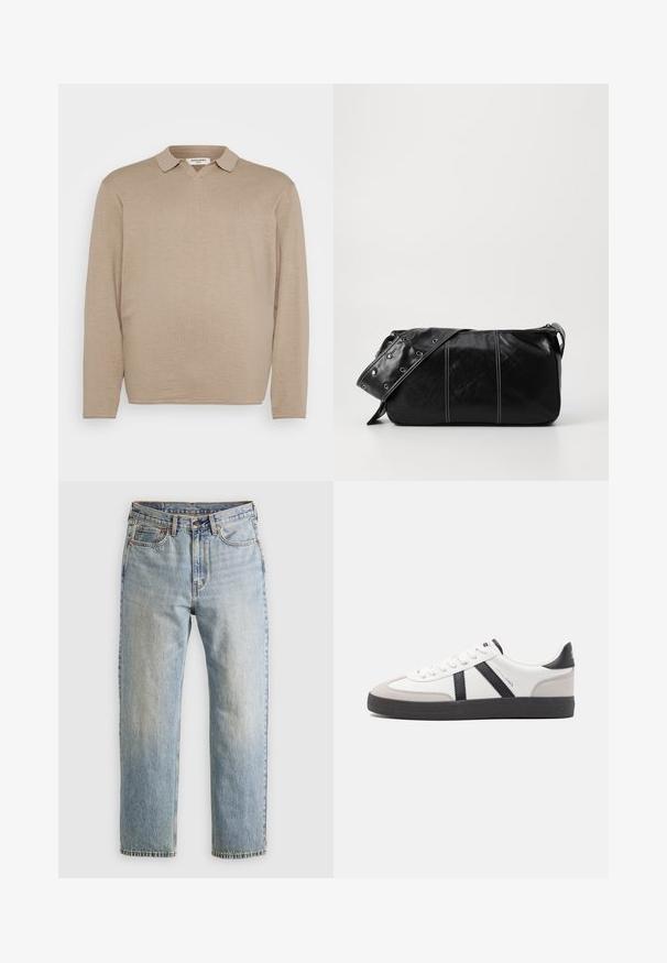 Beidzjās garās piedurknes polo krekla ar V veida kaklu, kuru raksturo apkakle un maiga, gluda tekstūra. Minimālistisks dizains bez redzamām apdrukām vai akcentiem.; Gai zila denima bikses ar augstu jostasvietu, priekšējo pogu, rāvējslēdzēju un piecu kabatu dizainu, izlīdzinātas uz neitrāla fona.; Baltas sneakeris ar melniem un pelēkiem akcentiem, kuram ir teksturēts pelēks purngals, melna gumijas zole un plakanas baltas šņores. Tīrs dizains, minimālisma stils.; Melnas ādas plecu soma ar rāvējslēdzēja aizdari, ar teksturētu virsmu, baltu dūrienu un siksnu ar sudraba iekavām.