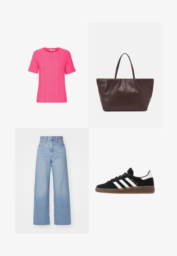 Lühikeste käistega, ümarakaelusega roosa topp, mis on valmistatud tekstuuriga kangast, millel on vertikaalsed triibud ja augutootmise detailid.; Heledad sinine kõrge vöökohaga laiad teksad, ees nupp ja tõmblukk, ees ja taga taskud, valge tausta peal.; Mustad must Adidas'i sneaker valgete triipudega, kuldse "Spezial" tekstiga, kummi tallaga ja valge kontsaga, kujutatud külgvaates.; Pruun punutud nahast kott kahe käepideme ja struktureeritud kuju ning tekstureeritud pinnaga, millel on kogu ulatuses rombikujuline muster.