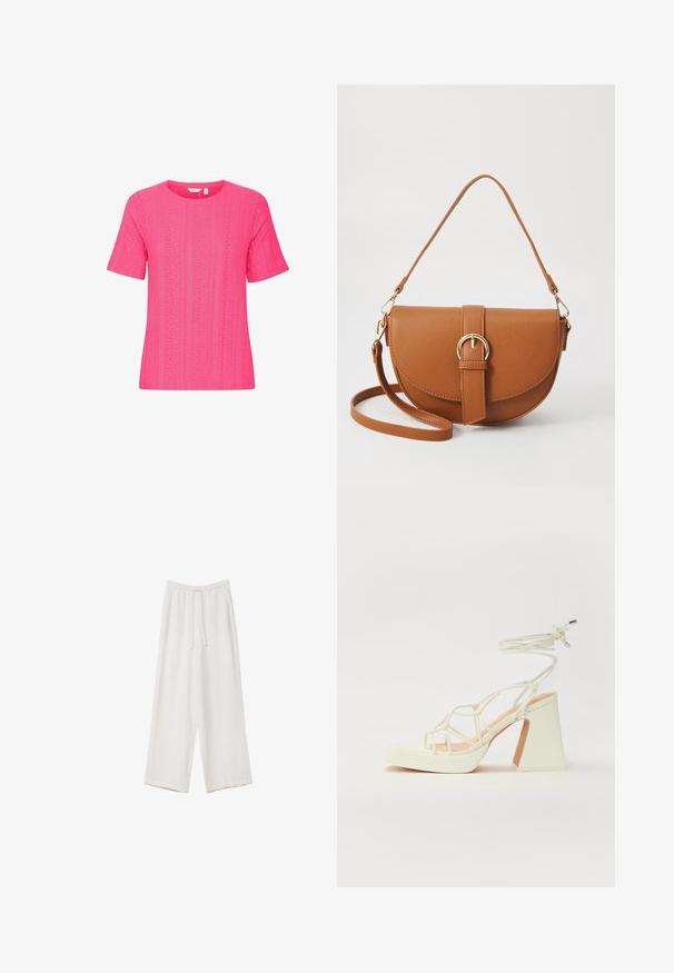 Short-sleeve, round-neck pink top made of textured fabric with a pattern of vertical stripes and eyelet details.; White wide-leg trousers made from a lightweight fabric. Features an elastic waistband with a drawstring and side pockets. Smooth texture.; White high-heeled sandal with a chunky heel, featuring a strappy design and ankle tie. Smooth texture with a platform front for added height.; Brown leather crossbody bag with a curved shape, gold hardware, and a buckle accent. Features a detachable shoulder strap.