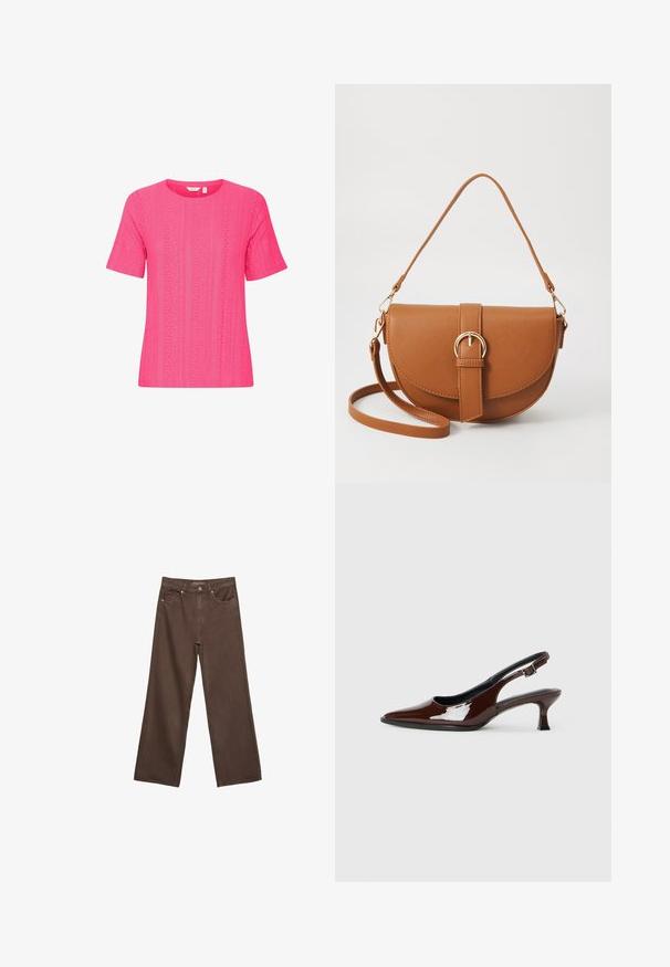 Ružový top s krátkym rukávom a okrúhlym výstrihom vyrobený z textúrovanej látky s vzorom vertikálnych pruhov a detaily v štýle očiek.; Džínsy s širokými nohavicami v hnedej farbe, vyrobené z denimu, so zvýšeným pásom, prednými vreckami a klasickým zapínaním na gombík. Hladká textúra s jemným prešívaním.; Hnedá lakovaná slingback obuv s špicatou špičkou a mierne vysokým opätkom. Obsahuje pracku pre bezpečné upevnenie. Hladká textúra.; Hnedá kožená kabelka cez telo s zakriveným tvarom, zlatými kovovými doplnkami a akcentom s prackou. Obsahuje odnímateľný ramenný popruh.