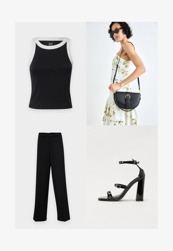 GAP MOD RIB HALTER CROP - Top - black/white; Schwarze, weit geschnittene Hosen aus glattem Stoff, mit einem klassischen Taillenbund und einem Knopfverschluss sowie vorderen Falten.; Schwarze patentierte Sandalen mit Absatz, quadratischer Spitze, Knöchelriemen und silbernen Schnallen. Mit einem stabilen Blockabsatz für mehr Stabilität.; Schwarze Lederhandtasche mit geschwungener Form, abnehmbarem Tragegurt und goldenen Beschlägen. Die Tasche verfügt über einen Deckel mit einer Schnallen-Details.
