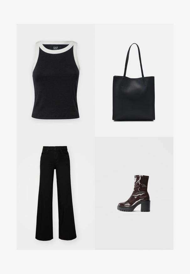 GAP MOD RIB HALTER CROP - Top - black/white; Črne široke denim hlače s strukturiranim pasom, z zankami za pas in sprednjimi žepi. Gladka tekstura s klasičnim dizajnom.; Sijajan škrlatank z bleščečim videzom, z masivnim črnim peto, ki se ponaša z gladko teksturo in preprostim dizajnom. Brez vidnih zapenjal ali vzorcev.; Črna usnjena torba s svilnato teksturo, pravokotne oblike in dvema dolgima ročajema. Brez vidnih metalnih delov ali okrasnih elementov.