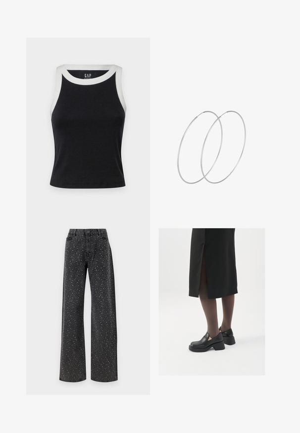 GAP MOD RIB HALTER CROP - Toppi - black/white; Noisy May NMJANNEL LOOSE - Relaxed fit -farkut - black denim; Mustat nahkakengät pyöreällä kärjellä, paksulla lohkopohjalla ja joustavilla sivuakkesseilla, yhdistettynä tummiin sukkahousuihin ja mustaan hameeseen, jossa on halkio.; Hopehope hopeilla, joissa on minimalistinen muotoilu. Pyöreä muoto, sileä pinta ja ohut profiili. Kevyet ja kiillotetut.