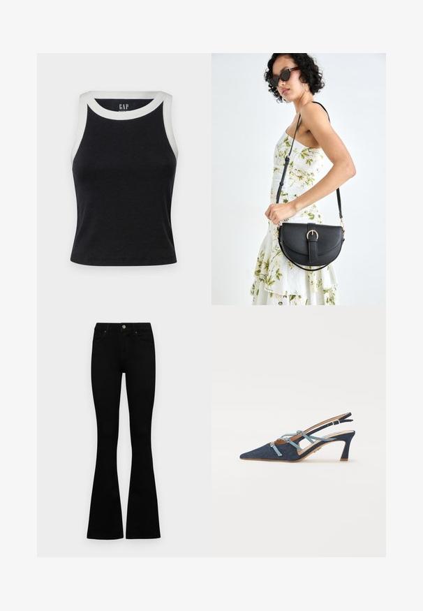 GAP MOD RIB HALTER CROP - Viršus - black/white; Juodos aukšto liemens džinsai su mygtuku ir užtrauktuku, priekinėmis kišenėmis ir platėjančiomis kojomis, išdėstyti ant baltos fono.; Džinsinės slingback basutės, smaili nosis, šviesiai mėlynos juostos su kaspinėliais, vidutinio aukščio kulnas, tekstūruotas audinys, šviesiai rudos atspalvio padas, minimalus siuvinėjimas, elegantiškas dizainas.; Juodas odinis krepšys su išlenkta forma, nuimamu dirželiu ir auksiniais detalėmis. Krepšys turi kilpą su sagtimi.