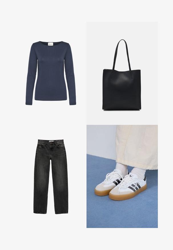 Hosszú ujjú, sötétkék felső, puha anyagból, lekerekített nyakkivágással és testhezálló siluettel. Egyszerű dizájn jellemzi, minták nélkül.; Fekete farmernadrág laza szabással, egyenes szárakkal, öt zsebes dizájnnal és enyhén elhalványult textúrával. Elöl gombos és cipzáras záródás.; Fehér sportcipő fekete csíkokkal és bézs velúr részletekkel. Texturált gumi talppal és lapos fehér fűzőkkel rendelkezik, világos színű zoknival viselve.; Fekete bőrtáska sima felszínnel, téglalap alakú, két hosszú füllel. Nincs látható fémkiegészítő vagy díszítés.